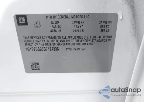 2011 Chevrolet Cruze 1Lt z USA, uszkodzony, nr VIN 1G1PF5S93B7124336